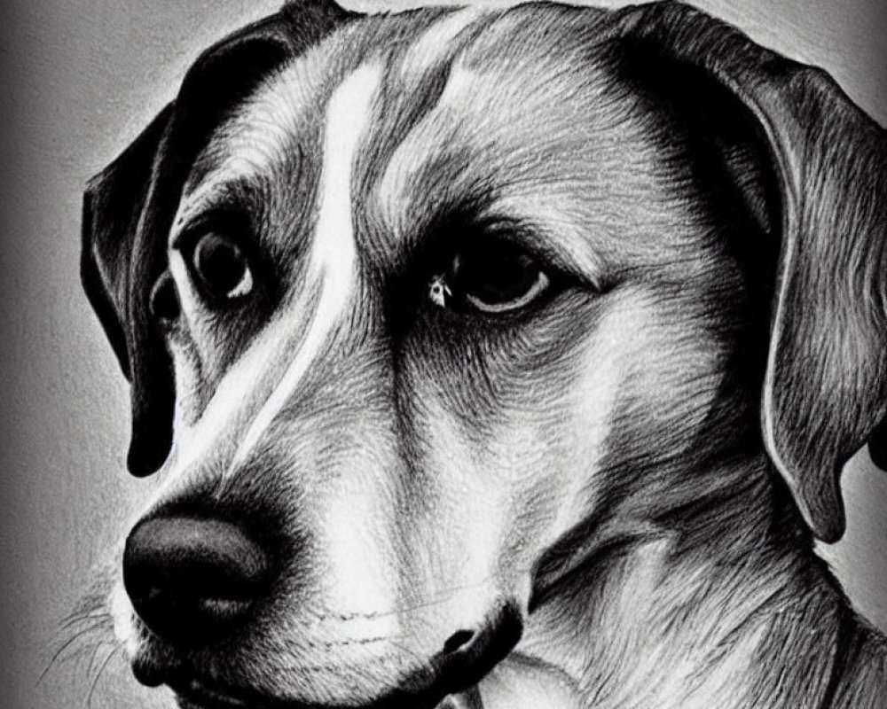 Realistic pencil sketch of a dog with expressive eyes and glossy coat, featuring fine fur texture.