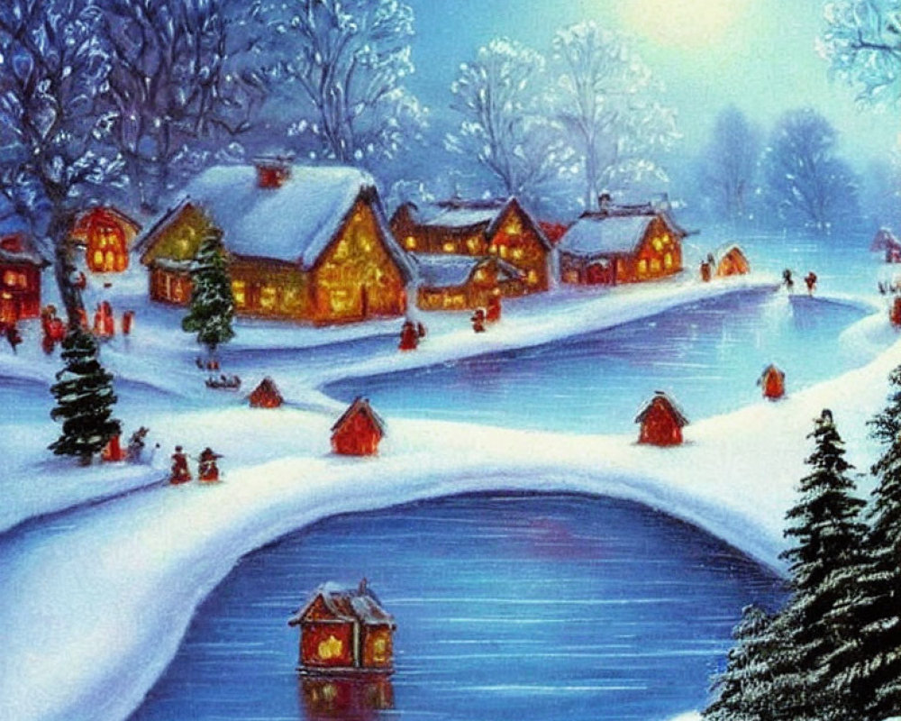 Winter Village Scene: Snowy Houses, Frozen River, Ice Skating People