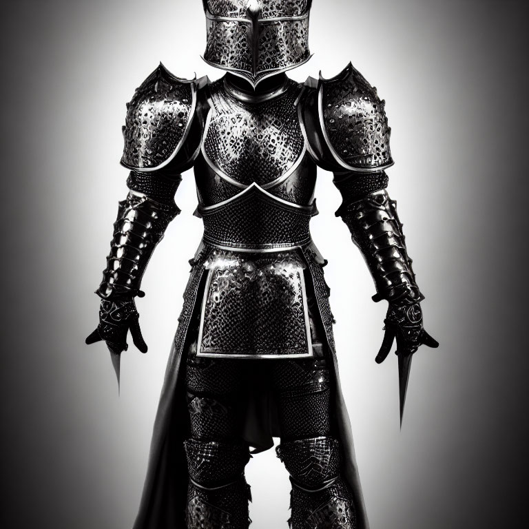 Ornate full-body black medieval armor on gray background