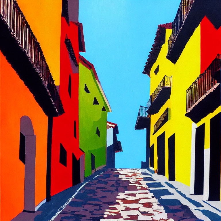Vibrant street painting with colorful buildings under blue sky