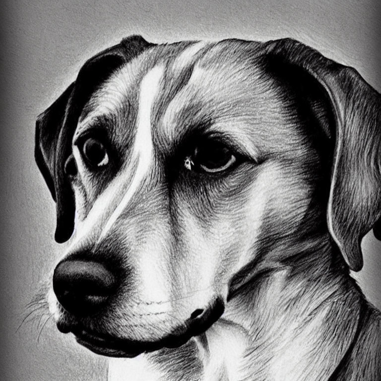 Realistic pencil sketch of a dog with expressive eyes and glossy coat, featuring fine fur texture.