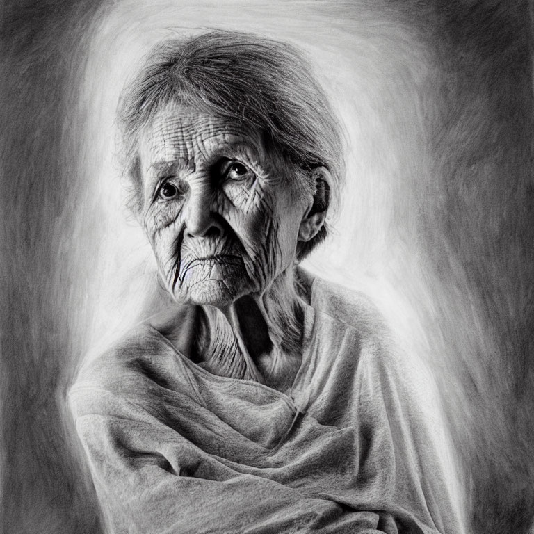 Elderly woman with deep wrinkles and shawl in black-and-white sketch