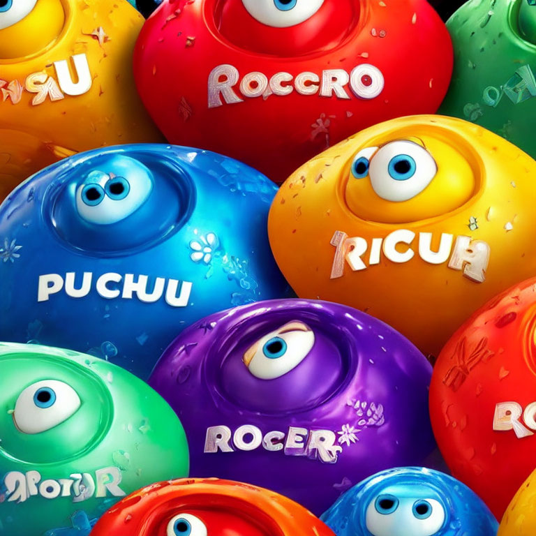 Vibrant one-eyed spheres with playful names and glossy texture