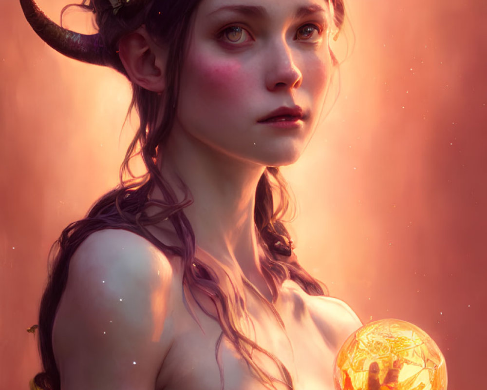 Fantasy illustration of female figure with antlers and flowers holding glowing orb