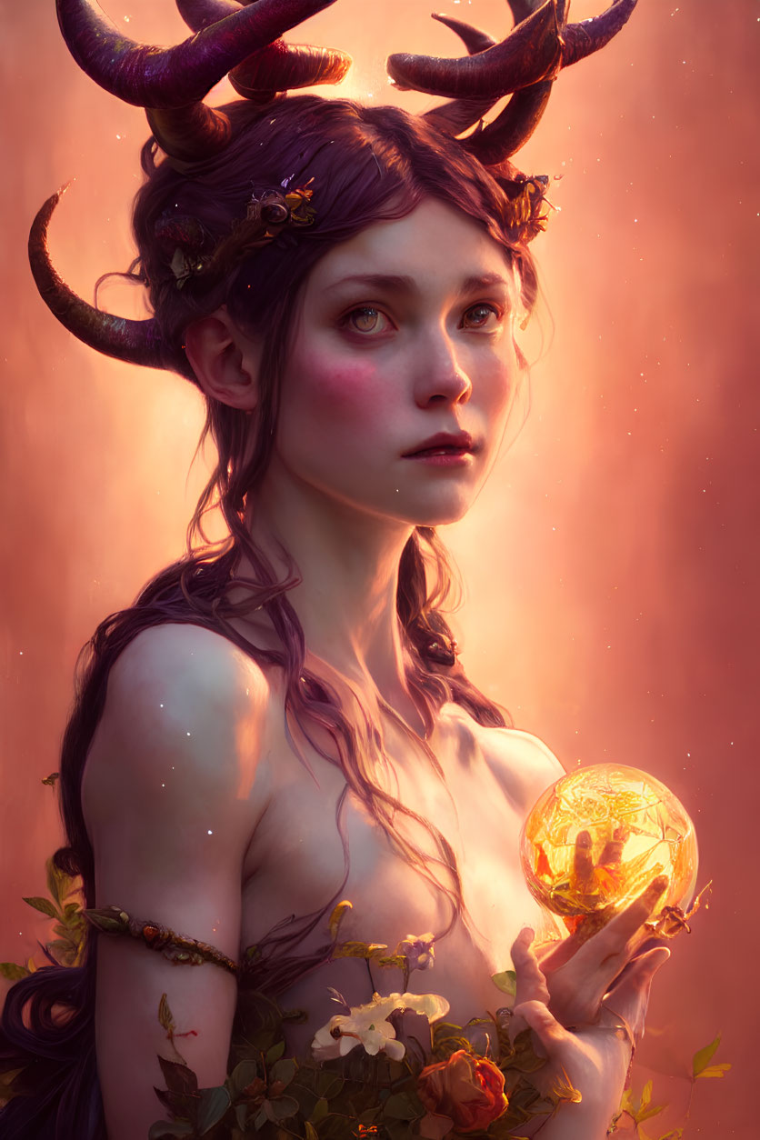 Fantasy illustration of female figure with antlers and flowers holding glowing orb