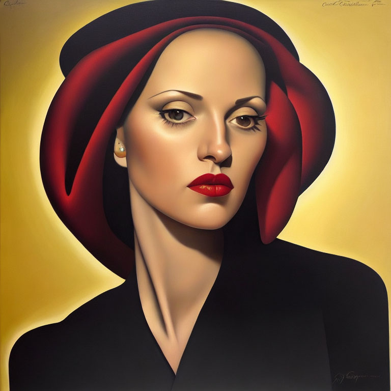 Stylized portrait of a woman with red lipstick and a hat