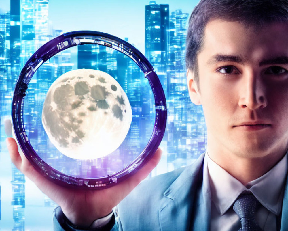 Young man in suit with holographic moon projection in cityscape setting