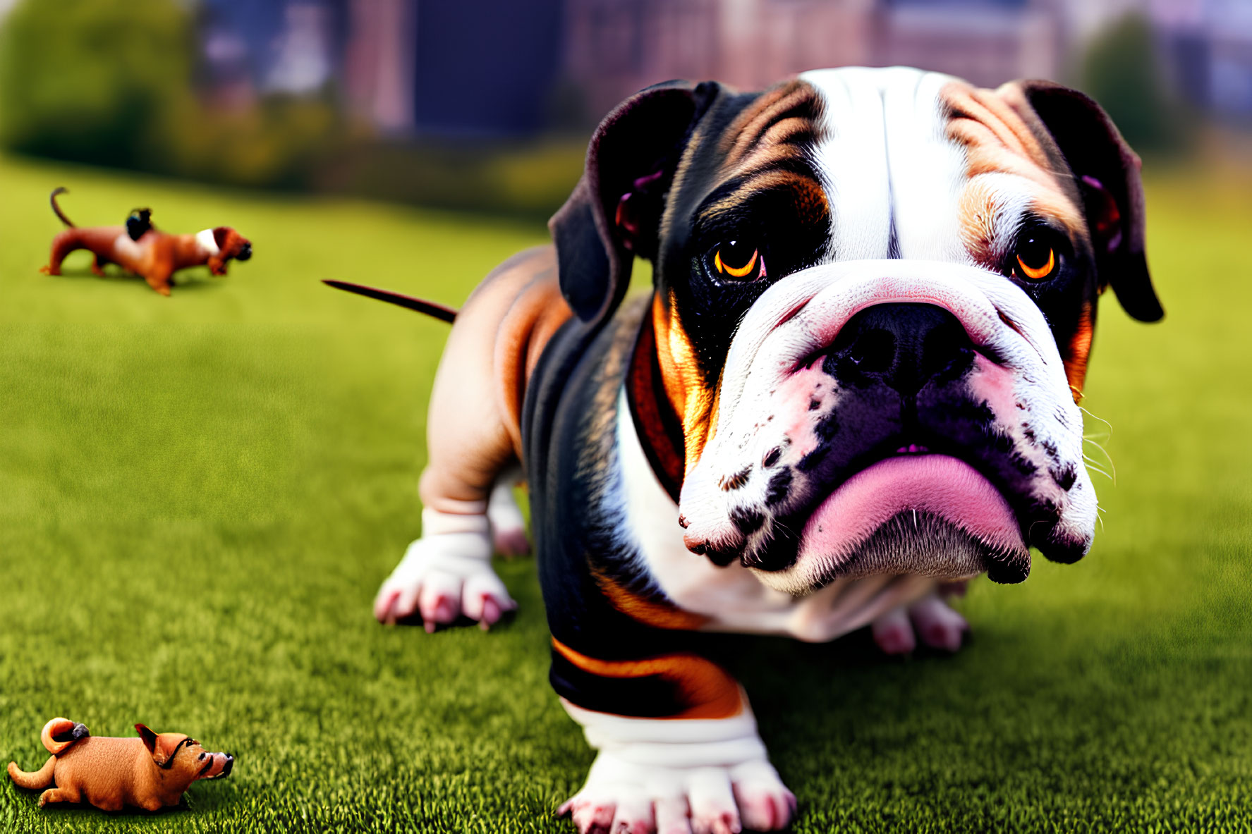 English Bulldog with comical expression and smaller dog figurines on grassy background