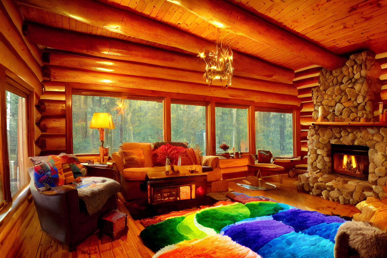 Rustic log cabin interior with stone fireplace, wooden walls, colorful rugs, large windows, and