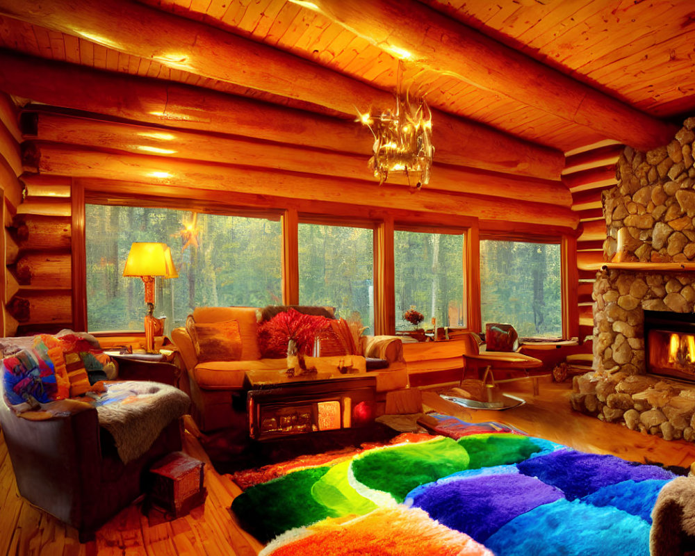 Rustic log cabin interior with stone fireplace, wooden walls, colorful rugs, large windows, and