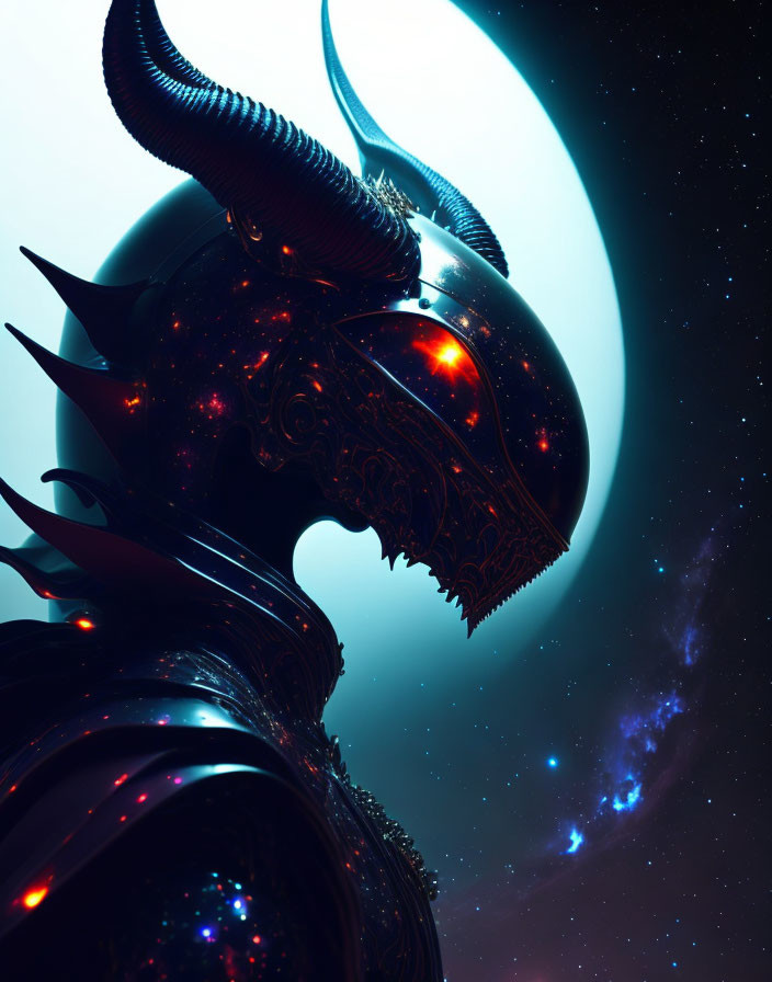 Mystical armored figure with glowing eyes under crescent moon