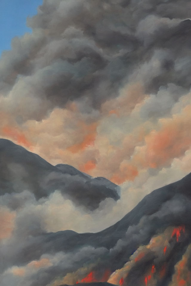 Dramatic painting of wildfire with billowing smoke and flames, set against dark mountains and orange sky