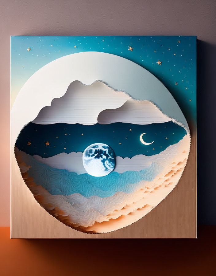 Layered Landscape Artwork with Earth and Crescent Moon in Blue and Beige Palette