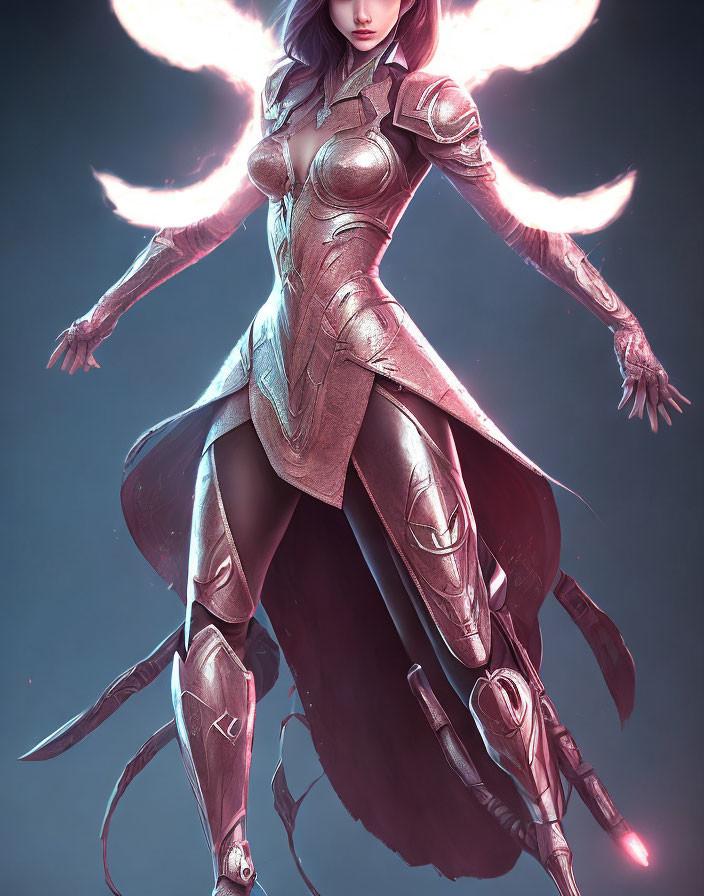 Female warrior digital artwork with metallic armor, glowing wings, and weapon on cool-toned backdrop