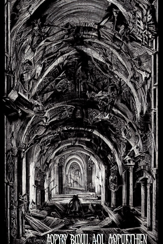 Detailed Gothic Style Black and White Archway Illustration with Altar