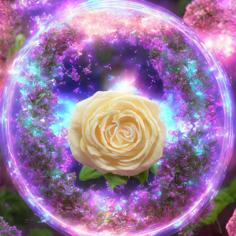 Golden Rose in Cosmic Bubble Surrounded by Pink Florals