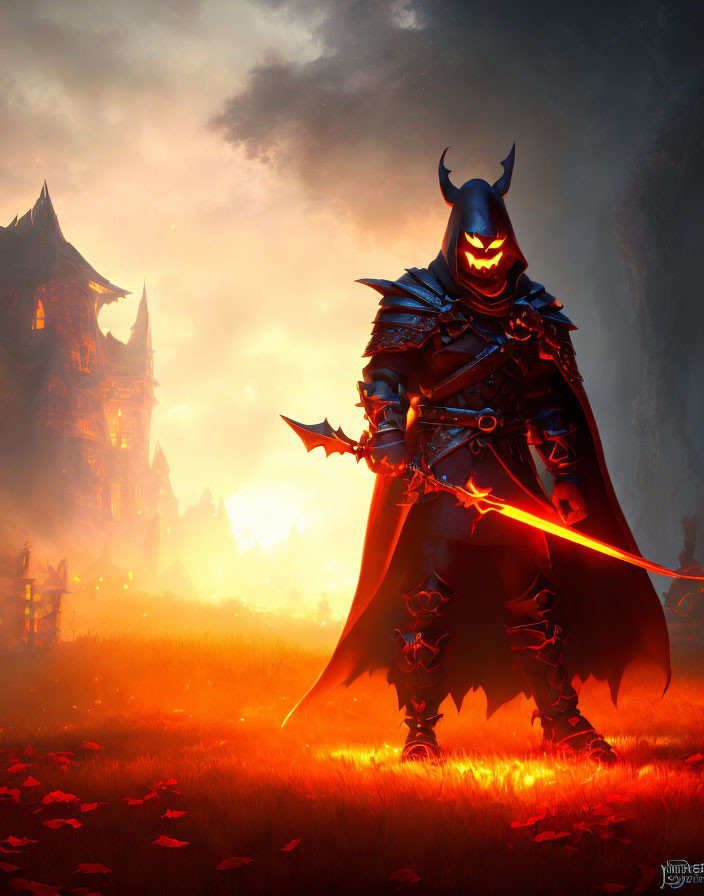 Armored figure with glowing sword in front of dark castle