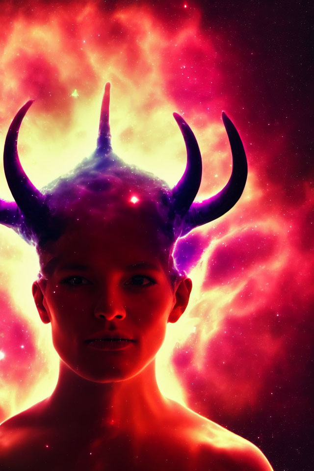 Child with horns in mystical cosmic backdrop.