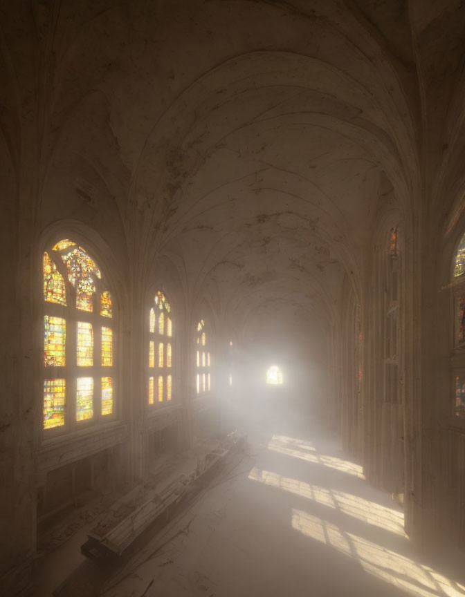 Sunlit Gothic Church Interior with Arched Ceilings & Stained Glass