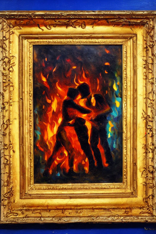 Vibrant painting of figures dancing in ornate gold frame