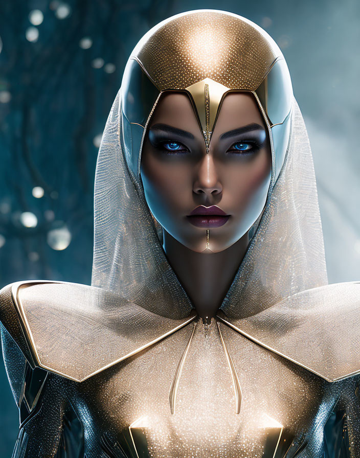 Futuristic female figure in gold armor with helmet and veil, blue eyes