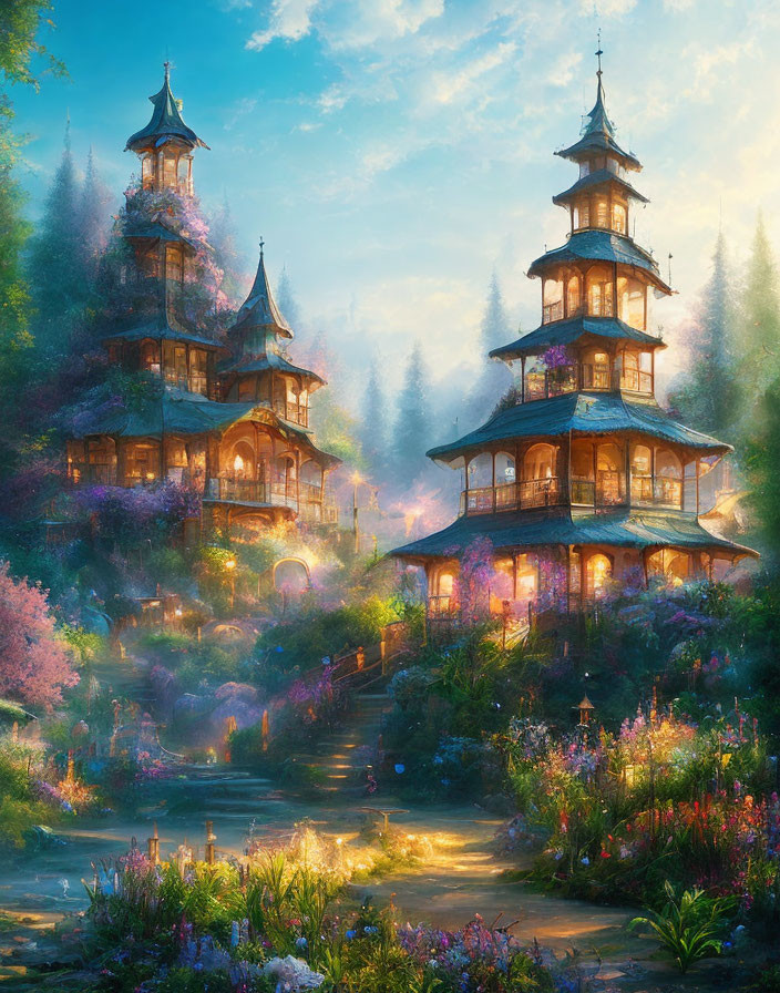 Fantasy landscape: Illuminated pagodas in lush gardens