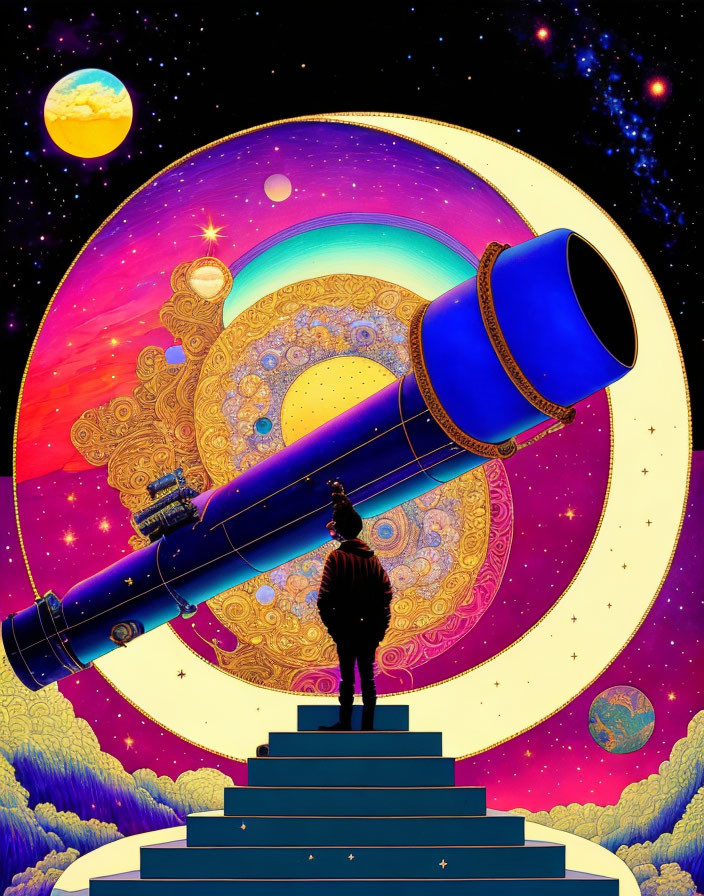 Person standing with telescope in vibrant cosmic backdrop