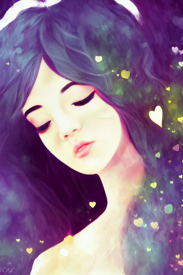 Dark-haired girl surrounded by multicolored hearts in dreamy artwork.