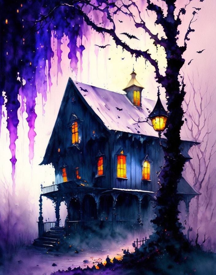 Whimsical haunted house watercolor with glowing windows