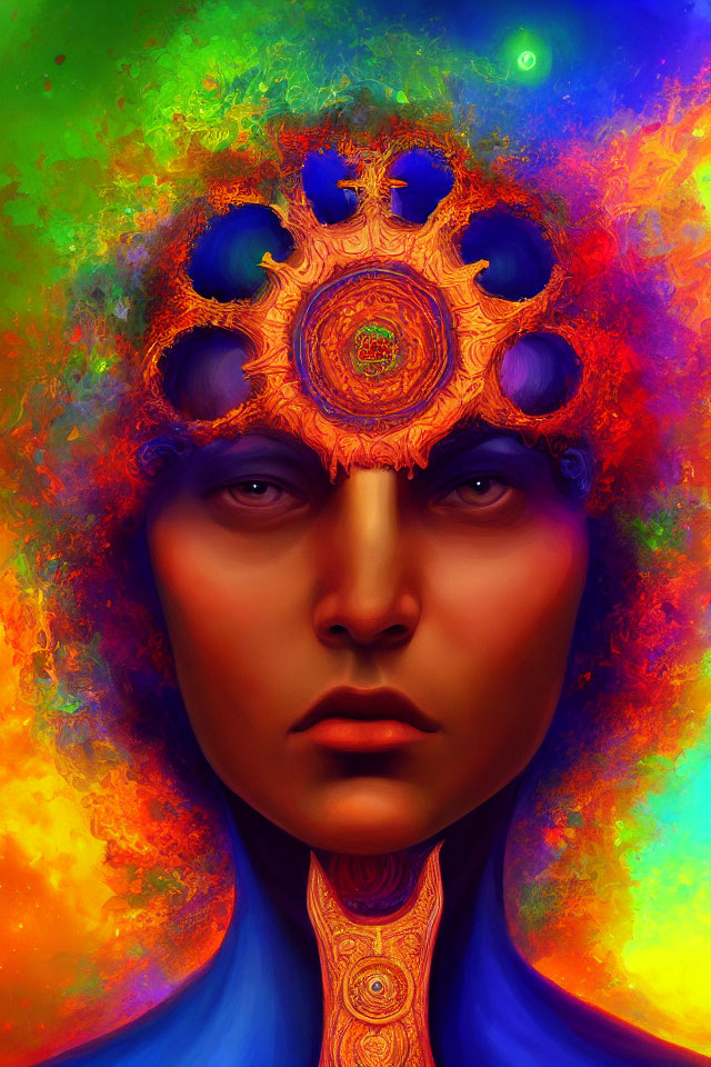 Colorful digital portrait of a person in ornate golden headpiece with serene expression