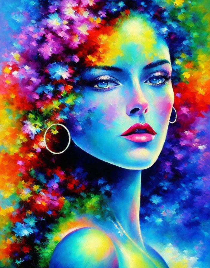 Colorful woman portrait with floral aura and intense blue eyes.