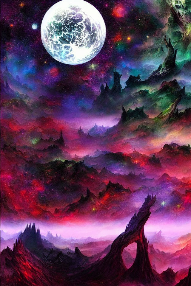 Colorful fantasy landscape with moon, nebulae, and dragon-like rock formation