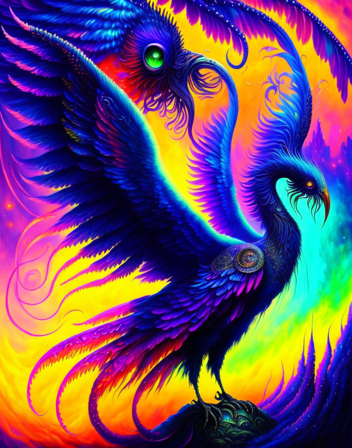 Colorful Phoenix Bird in Fiery Kaleidoscopic Background