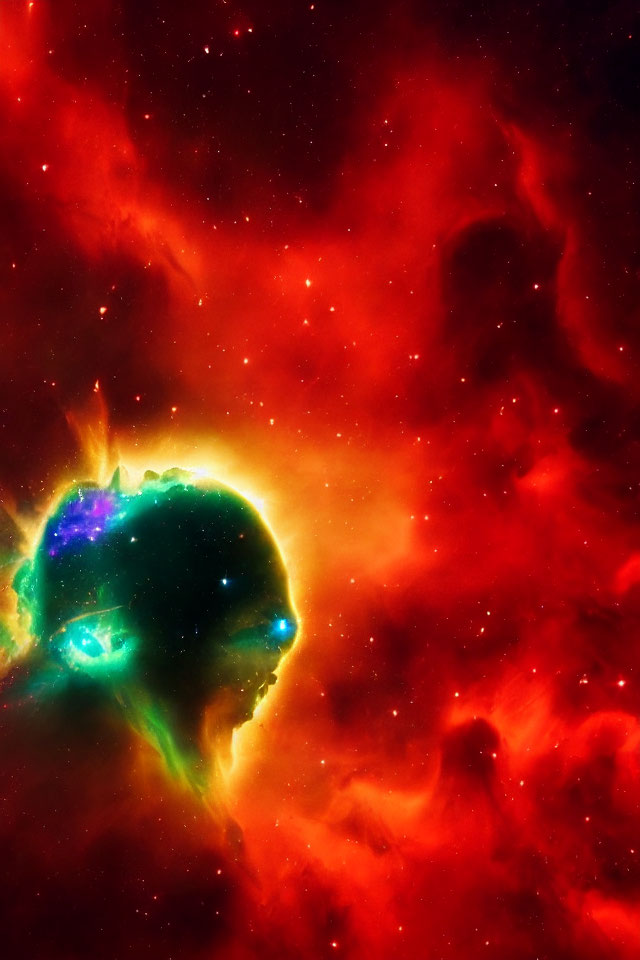 Colorful Red and Yellow Space Nebula with Blue-Green Bubble