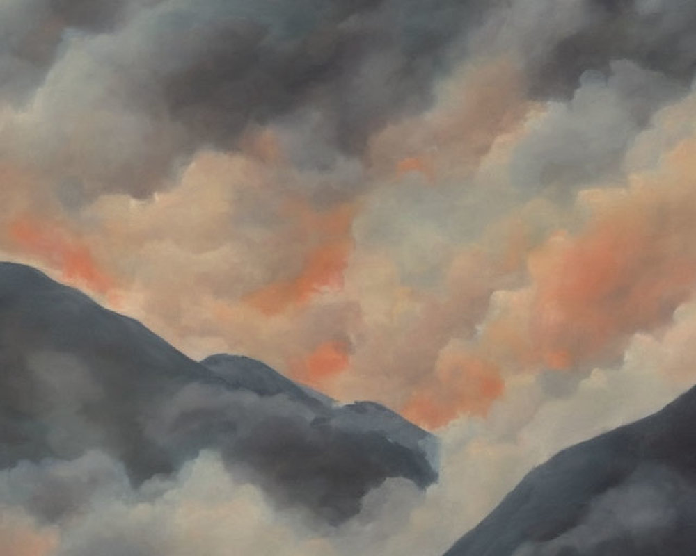 Dramatic painting of wildfire with billowing smoke and flames, set against dark mountains and orange sky