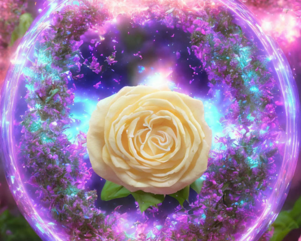 Golden Rose in Cosmic Bubble Surrounded by Pink Florals