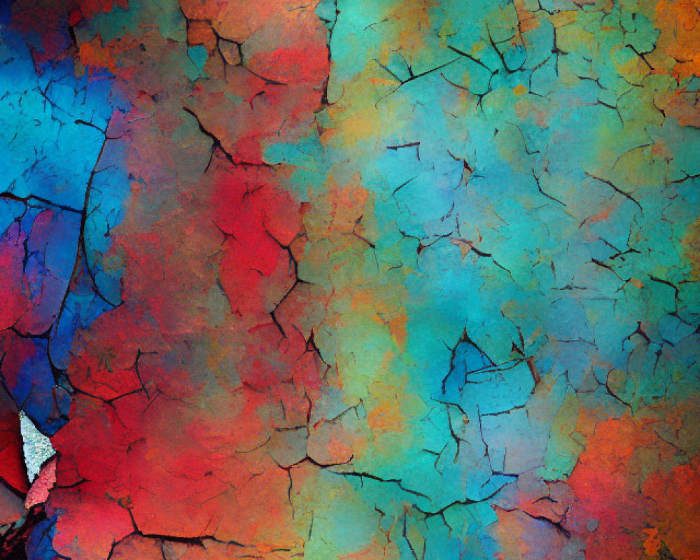 Vivid Abstract Painting with Crackled Texture in Reds, Blues, and Oranges