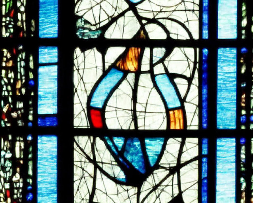 Intricate Blue and Brown Stained Glass Window