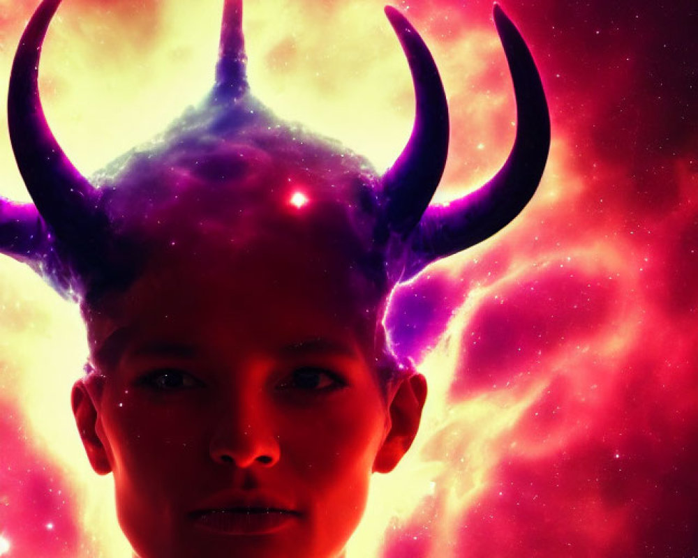 Child with horns in mystical cosmic backdrop.