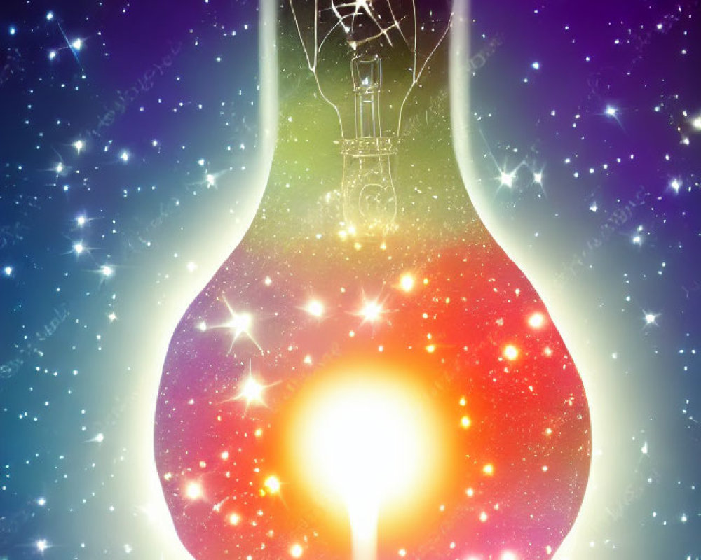 Colorful Lightbulb Illustration with Cosmic Scene and Sparkling Stars