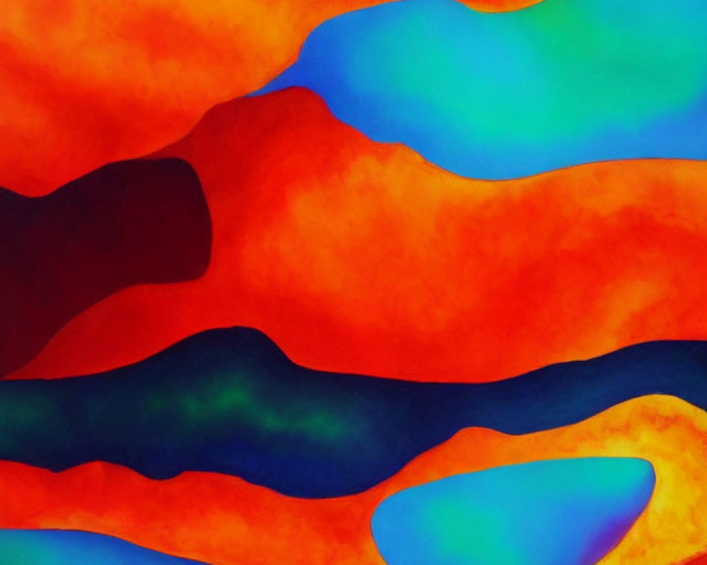 Vivid Abstract Painting: Layered Shapes in Blue, Orange, and Green