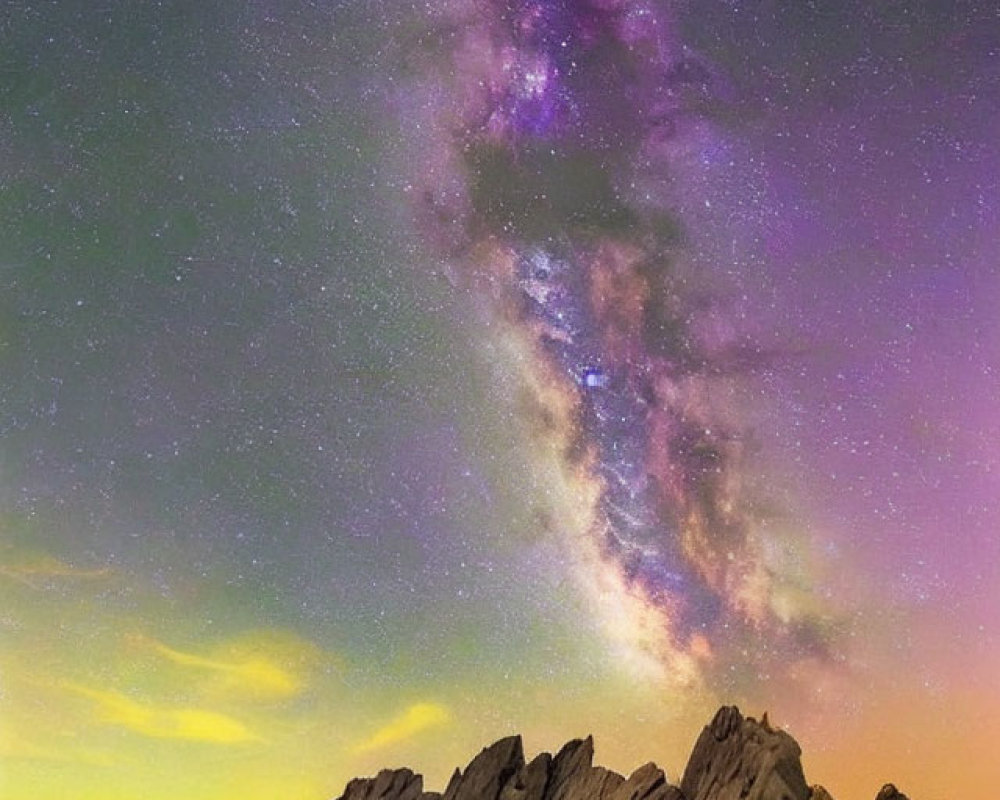 Starry night sky over rugged mountain peak