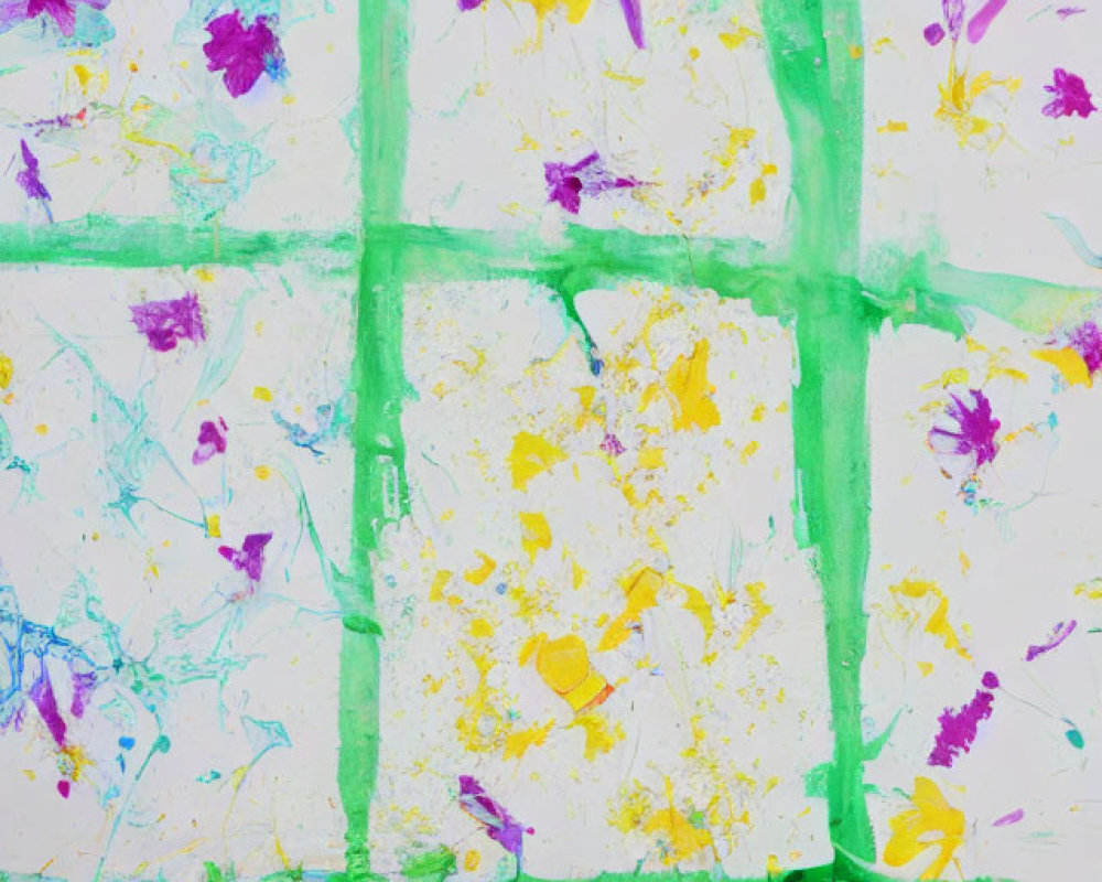 Colorful Abstract Painting with Bright Green Lines and Splatters on Pale Background