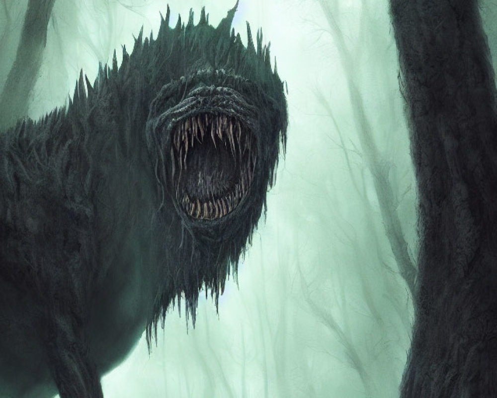 Monstrous wolf-like creature with sharp teeth in misty forest