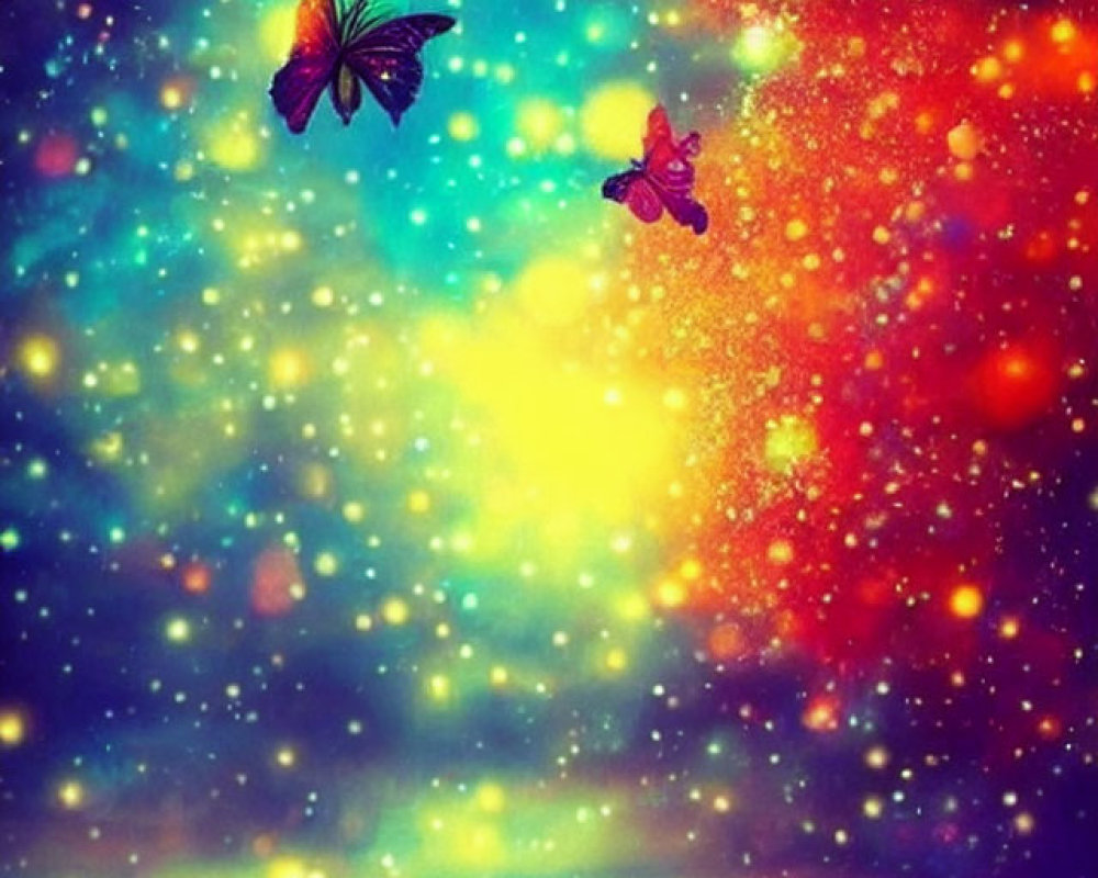 Colorful butterflies flying over cosmic rainbow background.