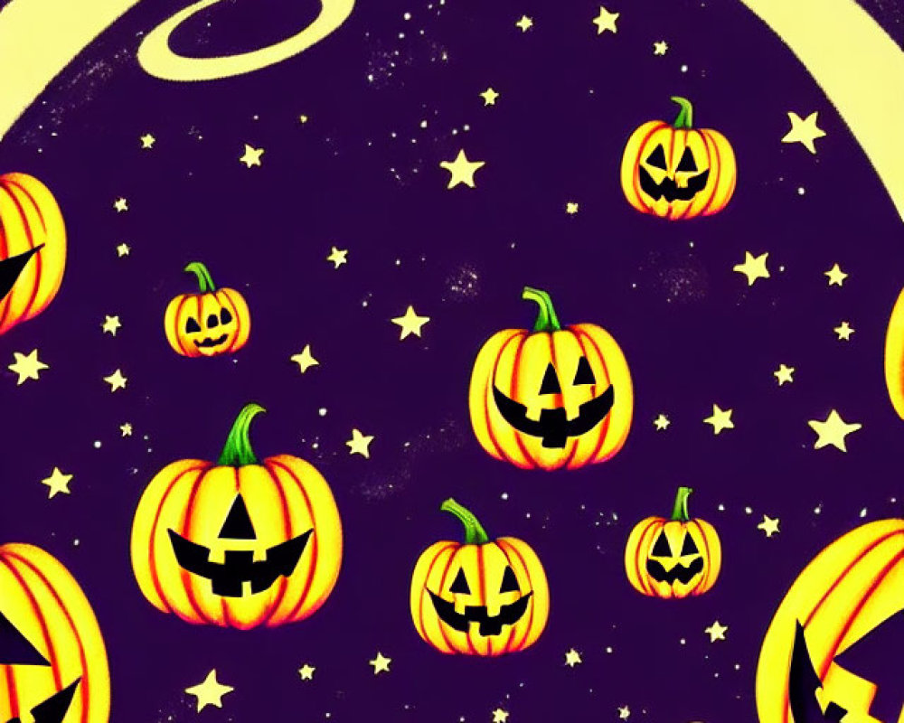 Colorful space illustration with smiling jack-o'-lanterns and planets