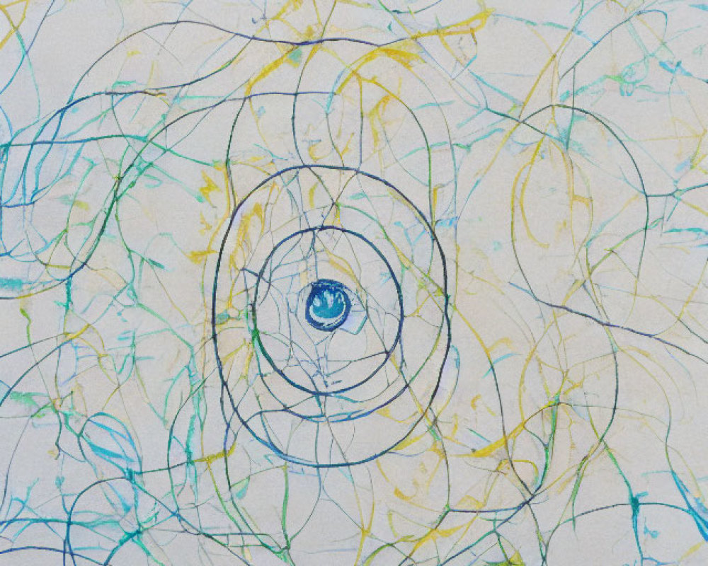 Colorful Abstract Artwork: Chaotic Scribbles in Blue, Yellow, Green, Spirals