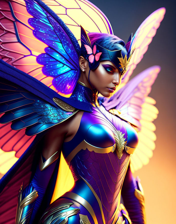 Colorful digital artwork of woman with butterfly wings and armor in heroic pose