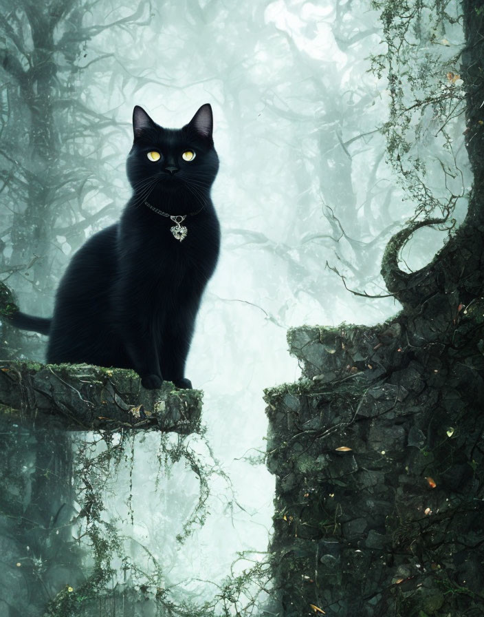 Black cat with yellow eyes wearing pendant on mossy stone in green forest