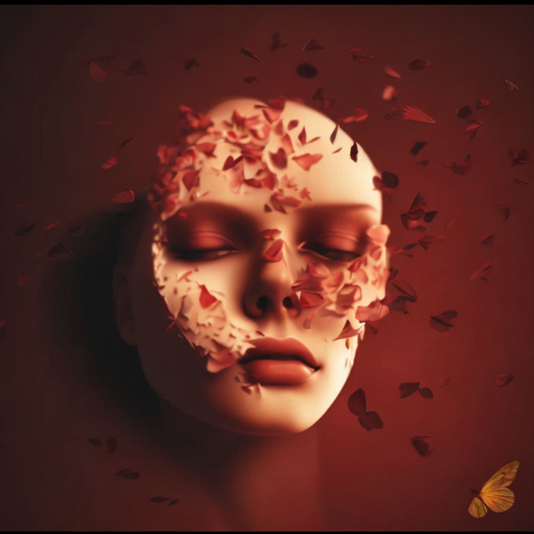 Face mask with crimson leaves and yellow butterfly on red backdrop